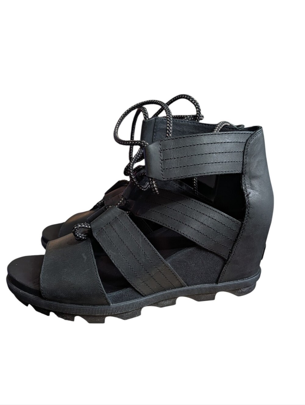 Sorel Joanie Lace Wedge Sandals Black Leather Hidden Wedge Gladiator Size 10.5 - Picture 2 of 10